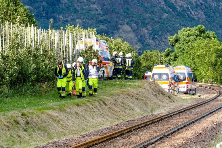 Übung des Bezirksfeuerwehrverbandes Untervinschgau in Zusammenarbeit mit STA, SAD und Weißem Kreuz (12.07.2019); angenommenes Szenario: Kollision zwischen Auto und Vinschgerbahn. Fotos: Sepp